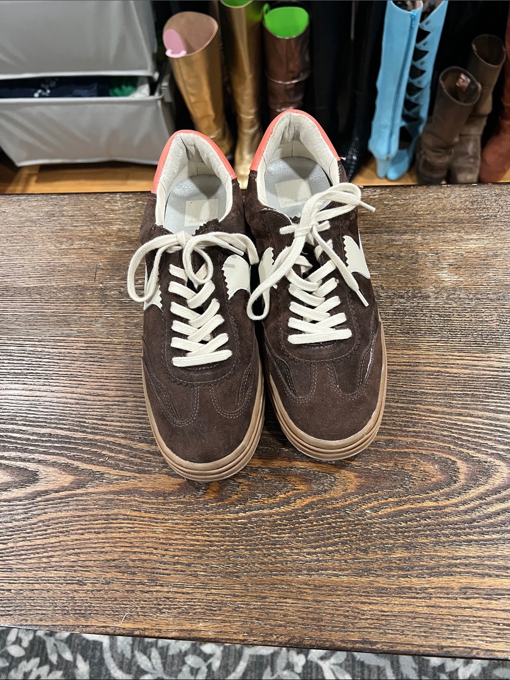 Dolce Vita Brown Suede Sneakers with Pink Heel Tab